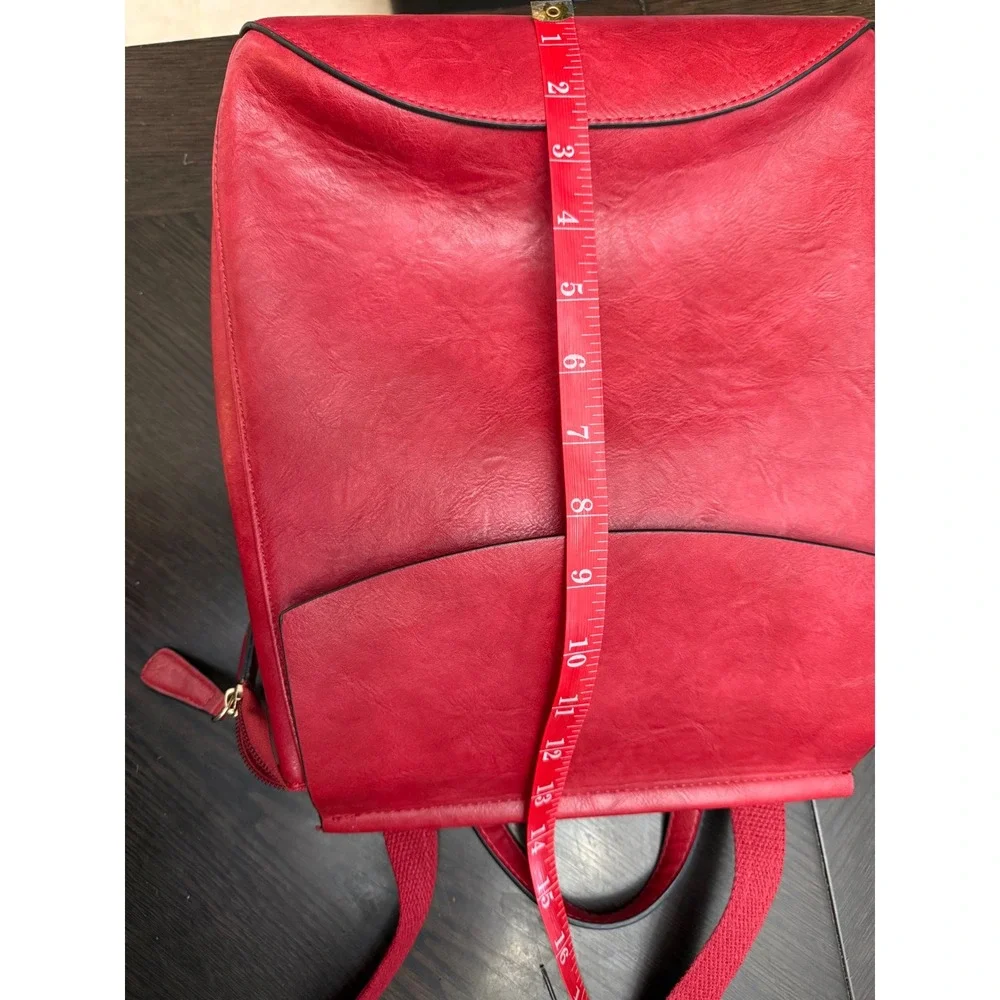 Red Vegan Leather Minimalist Backpack Gold‎ Hardware Flap Closure Red